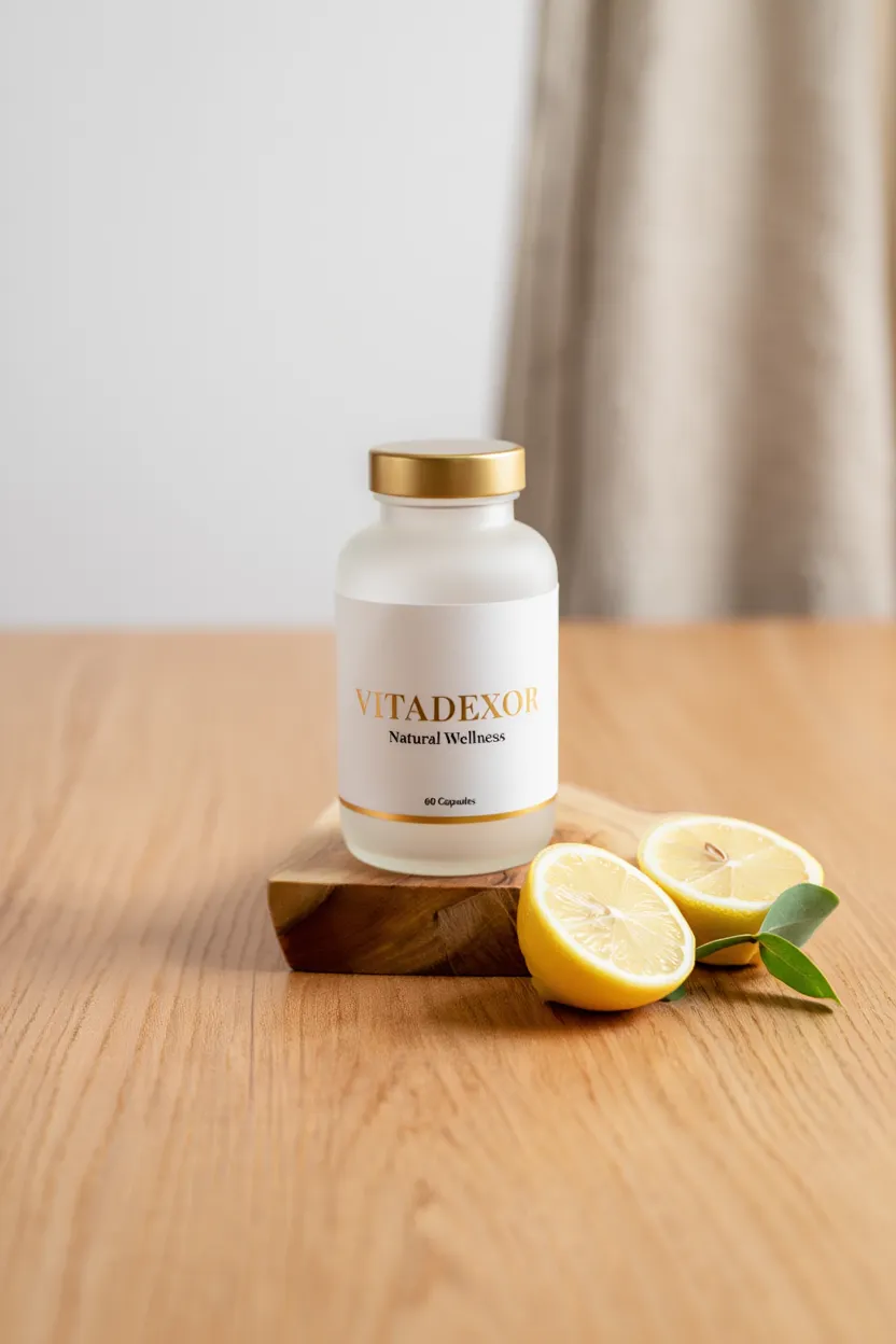 Vitadexor natural wellness supplement bottle with botanical ingredients displayed